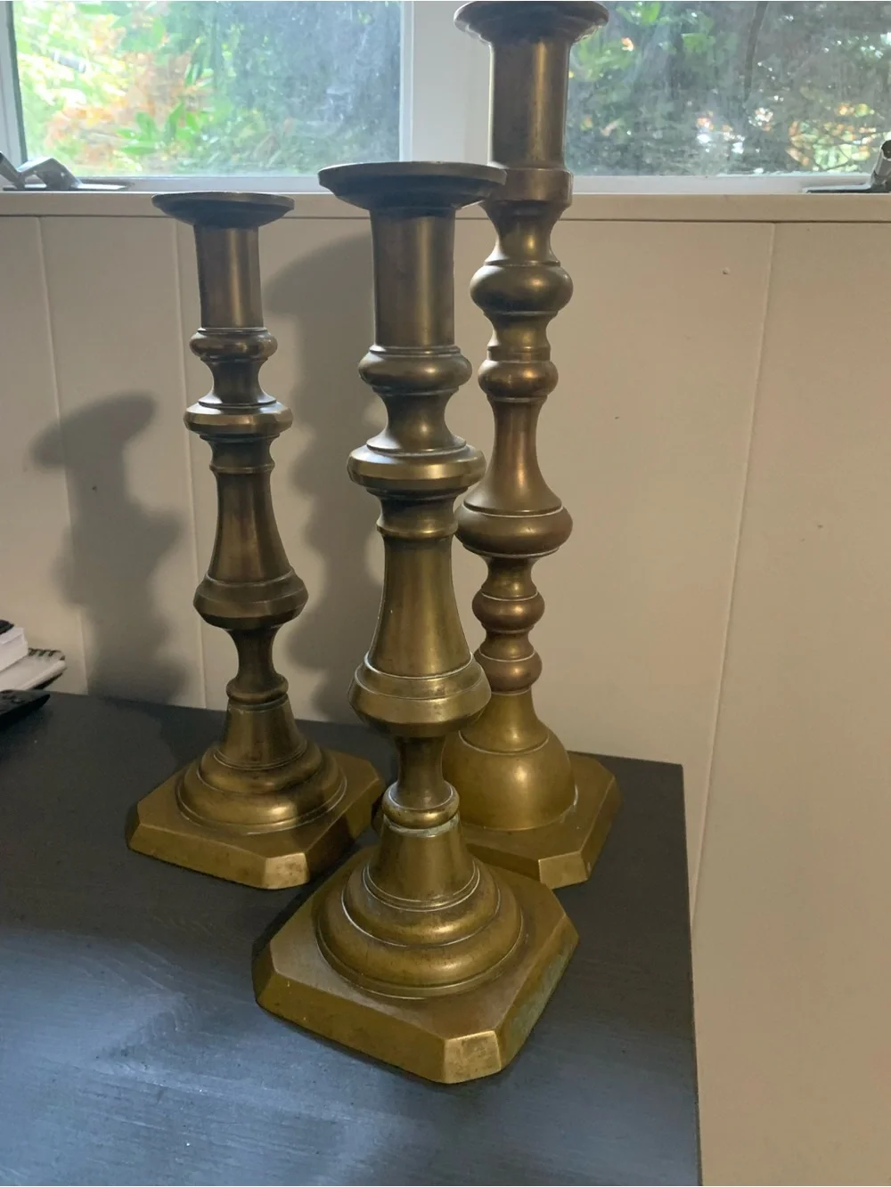 Source Unknown Antique Brass-Tone Turned Candle Holders Trio